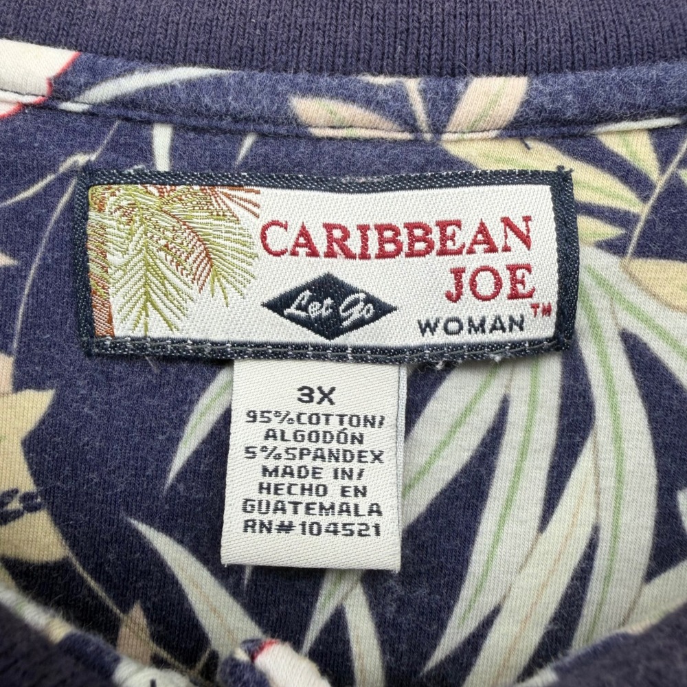 Caribbean Joe Polo Shirt Women 3X Navy Blue Tropical Floral Cotton Resort Casual - Picture 5 of 7